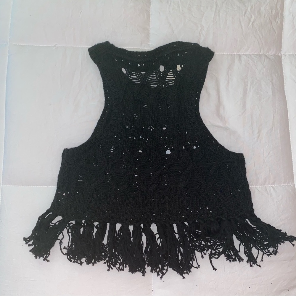 Knit Crochet Fringe Crop Tank Top